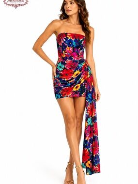 RNWY NWT Floral Strapless Ruched Mini Dress with Dramatic Side Drape | Size Med